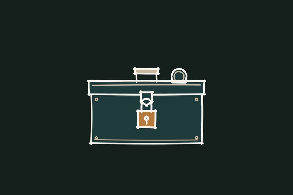 Marker drawing of a metal cash box seen from the front, lid closed, a coin half inserted in the slot on the lid, and a copper padlock locked through the hasp